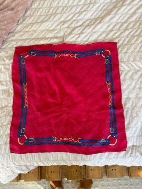Ralph Lauren Red Silk Scarf with Blue and Gold Chain Border